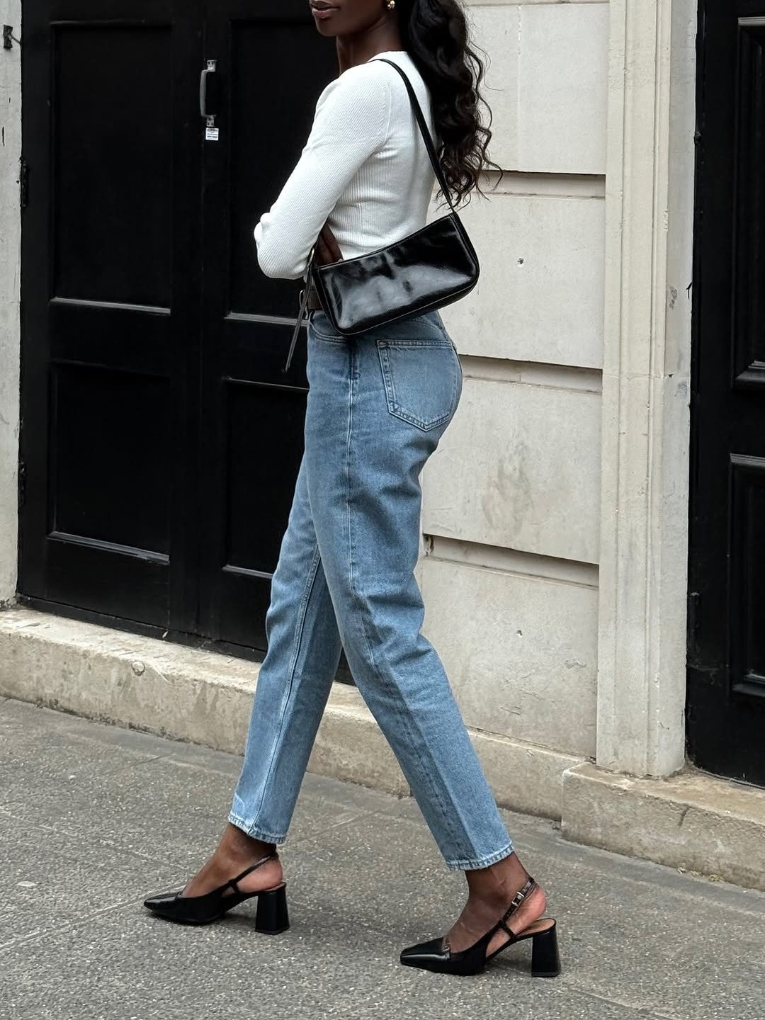 Straight-Leg Jeans, White Top, and Black Slingback Heels — Heels with Jeans Outfits