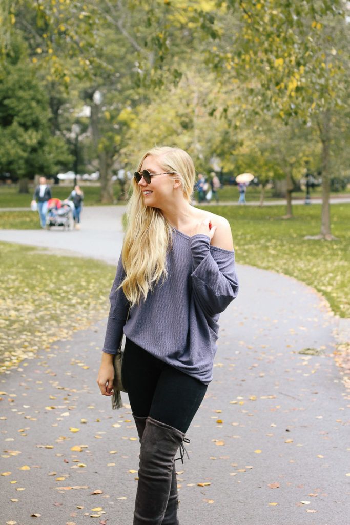 Edgy Fall Style: Off-Shoulder Sweater and Over-the-Knee Boots Edgy Fall Style: Off-Shoulder Sweater and Over-the-Knee Boots — Boston Outfits