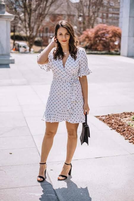 Polka Dot Wrap Dress with Ruffled Sleeves for Casual Day Out — Wrap Dress Outfits