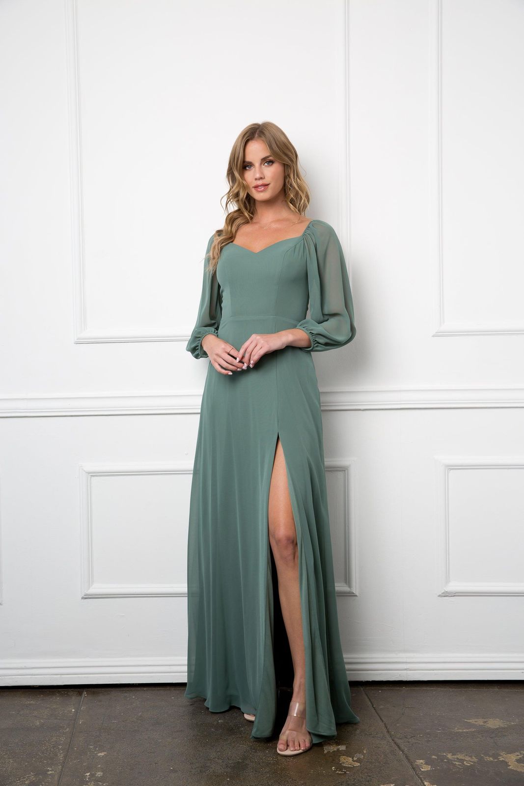 Sage Green Chiffon Dress with High Leg Slit — Chiffon Dresses