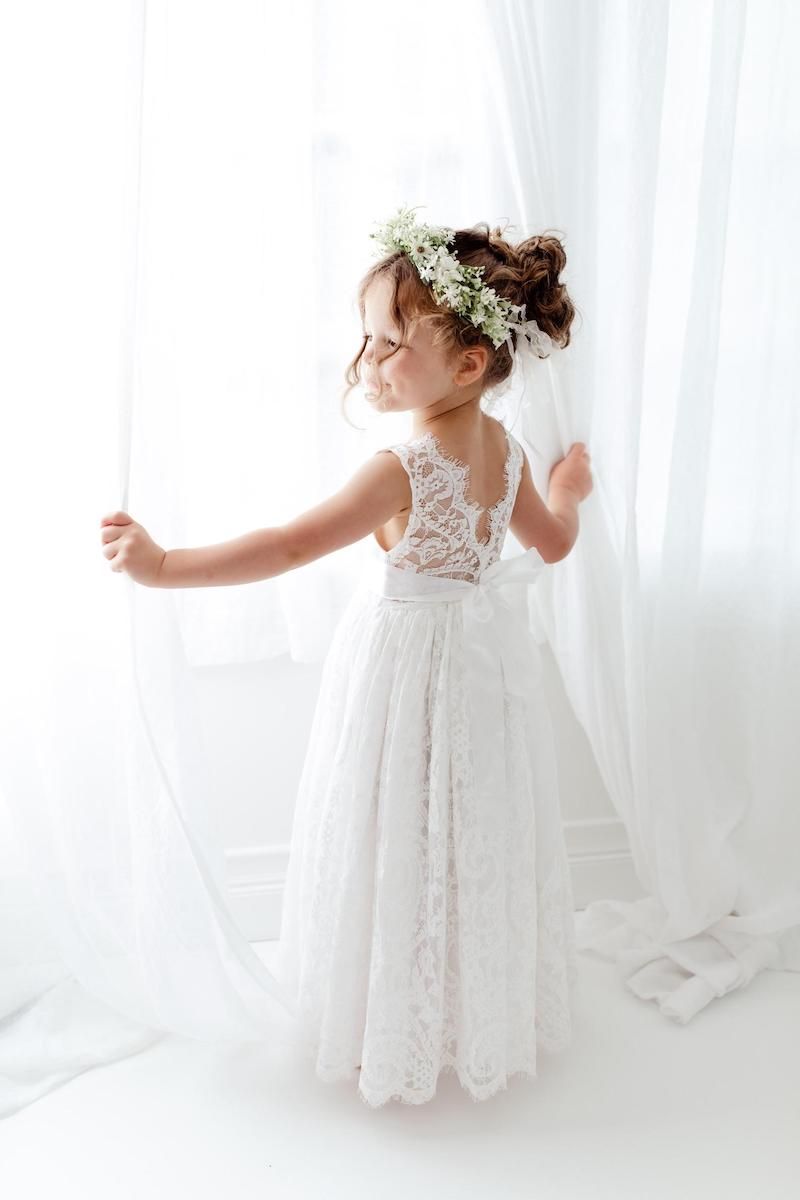 White Lace Dress with Full Skirt and Flower Crown White Lace Dress with Full Skirt and Flower Crown — Flower Girl Dresses
