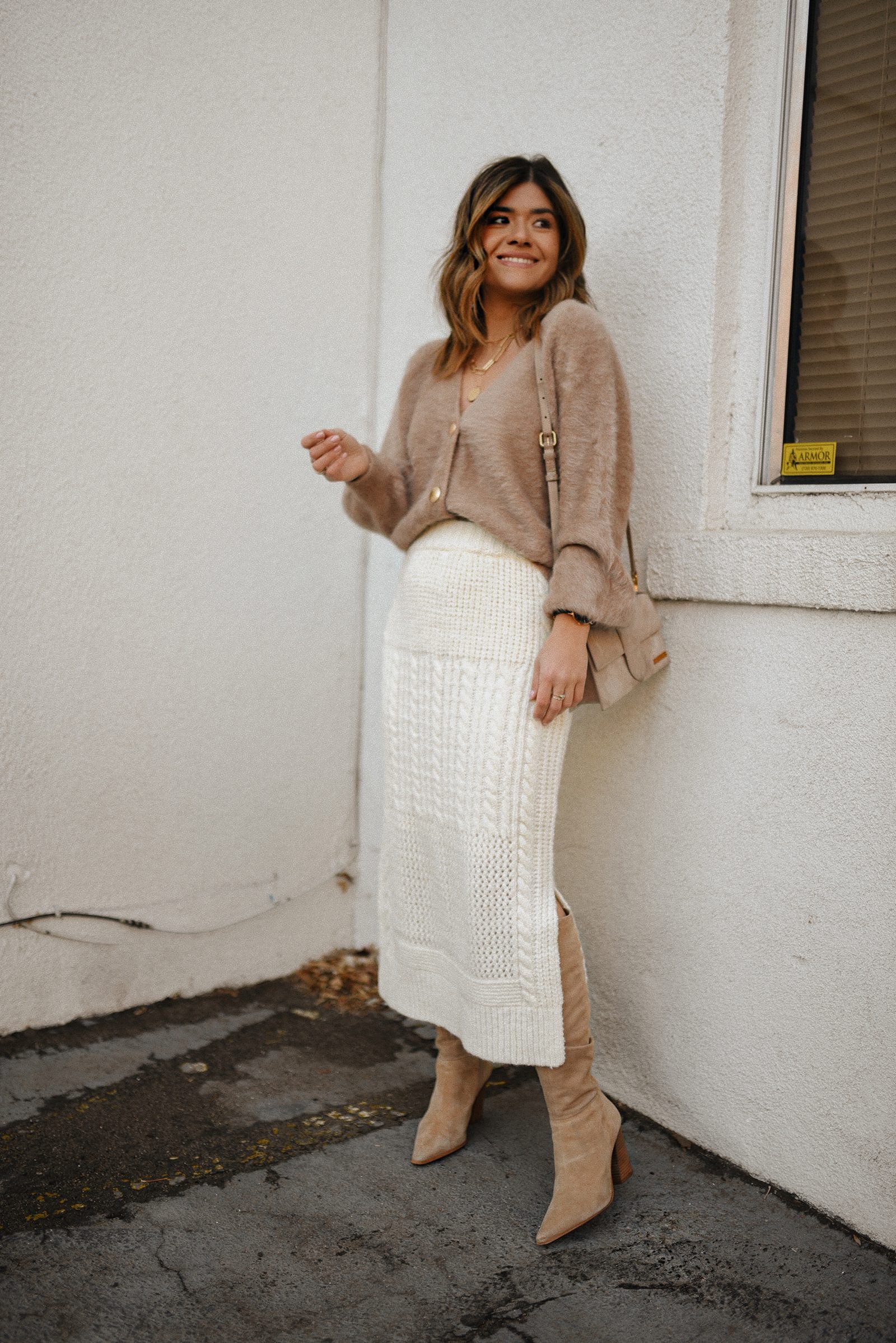 Fluffy Beige Cardigan Over Cream Knit Maxi Skirt Fluffy Beige Cardigan Over Cream Knit Maxi Skirt — Neutral Outfits