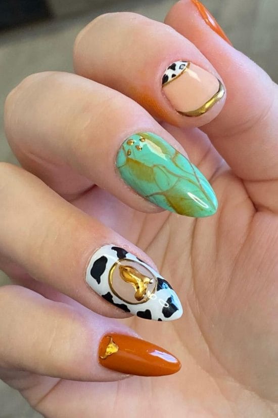 Medium Almond Turquoise Marble and Orange — Western Nails