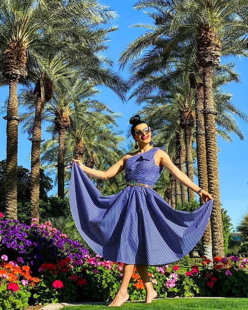 Blue and White Striped One-Shoulder Midi Dress with Gold Belt — Midi Dress Outfits