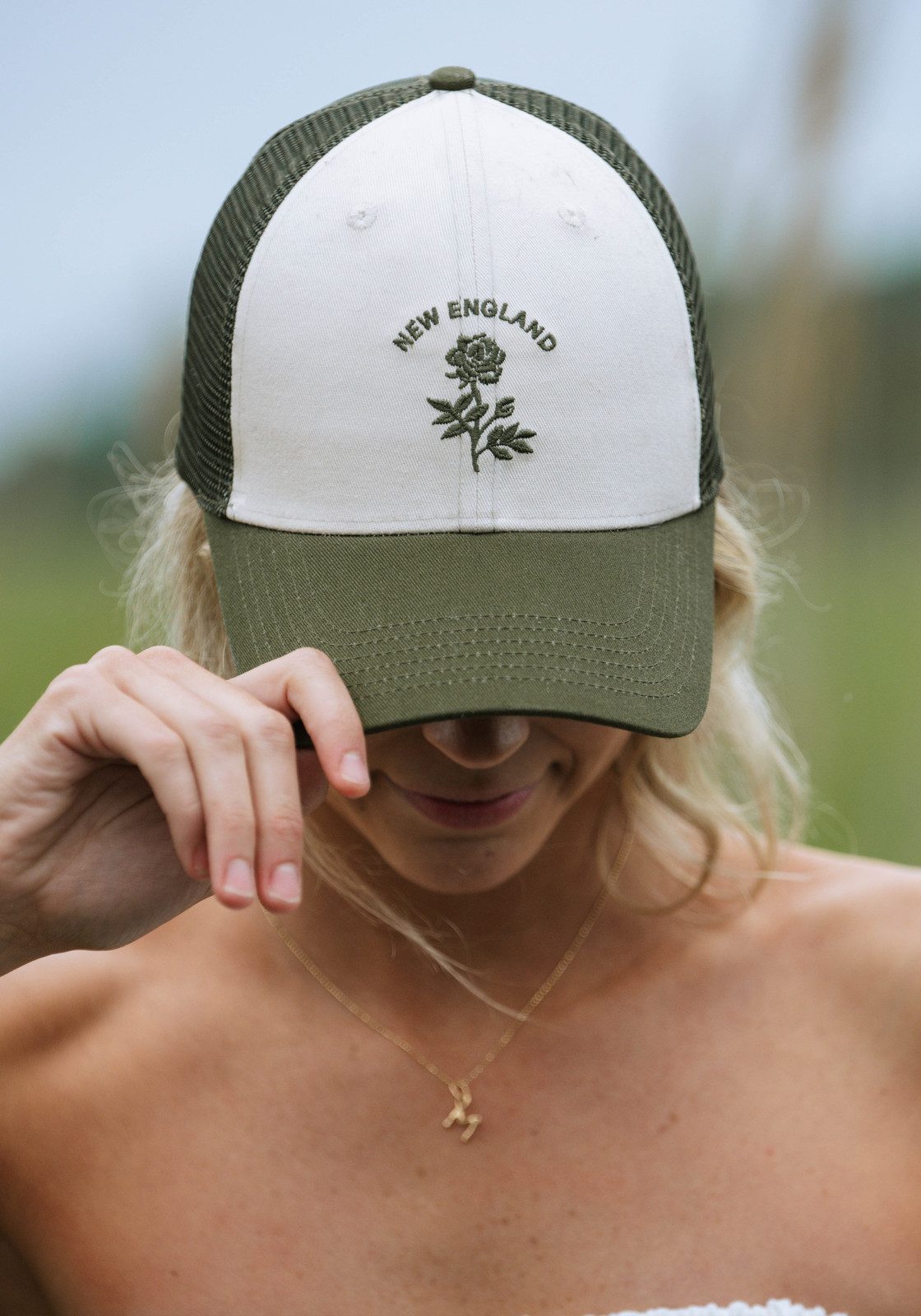 Rose Embroidered Trucker Hat with Off-the-Shoulder Top Rose Embroidered Trucker Hat with Off-the-Shoulder Top — Trucker Hat Outfits