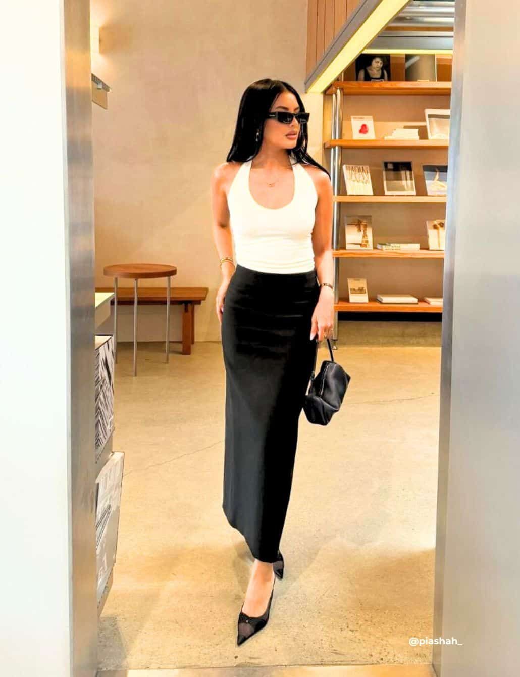 Chic White Halter Top with Black Crepe Maxi Skirt for Evening Chic White Halter Top with Black Crepe Maxi Skirt for Evening — Halter Top Outfits