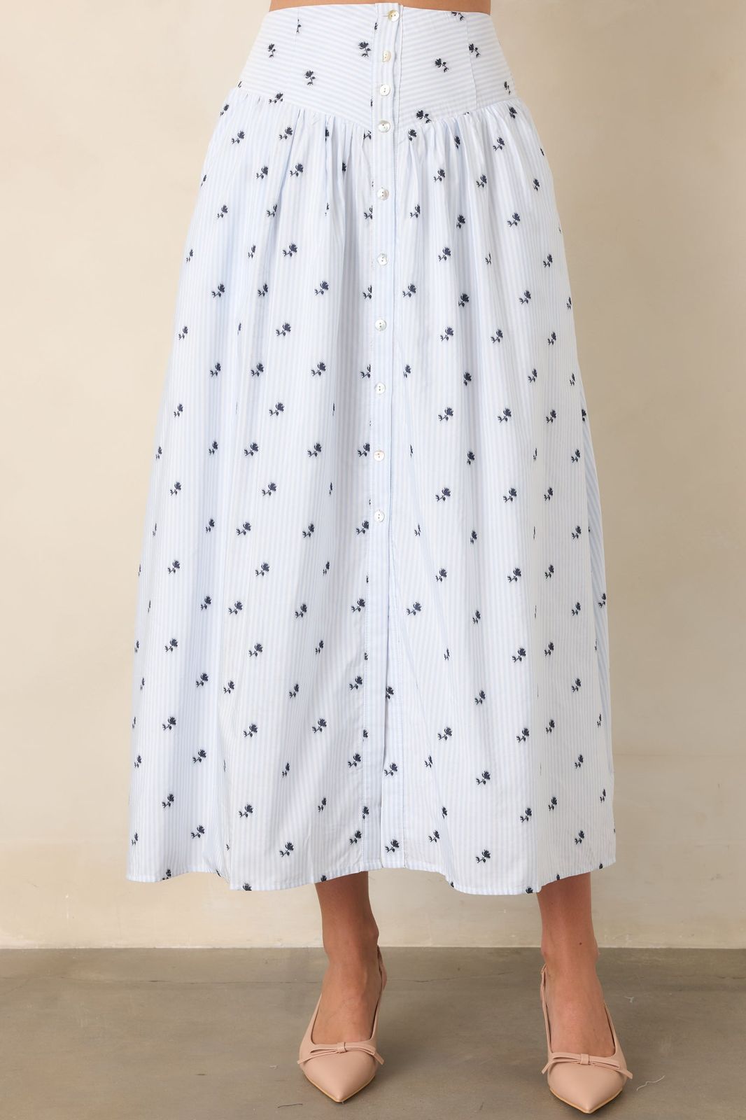 Striped and Floral Print Button-Down Midi Skirt Striped and Floral Print Button-Down Midi Skirt — Church Dresses
