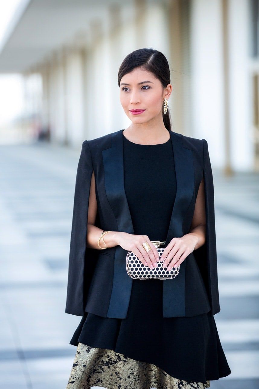 Satin Crepe Black Cape Blazer Over Dress for Sophisticated Opera Style Satin Crepe Black Cape Blazer Over Dress for Sophisticated Opera Style — Opera Outfits