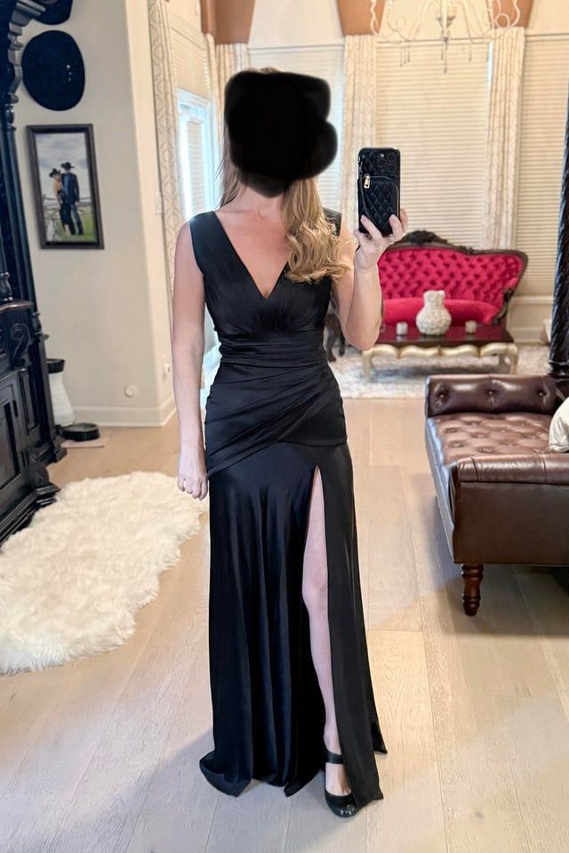 Black Satin Gown with Ruching and Dramatic High Slit for a Gala Black Satin Gown with Ruching and Dramatic High Slit for a Gala — Charity Gala Outfits