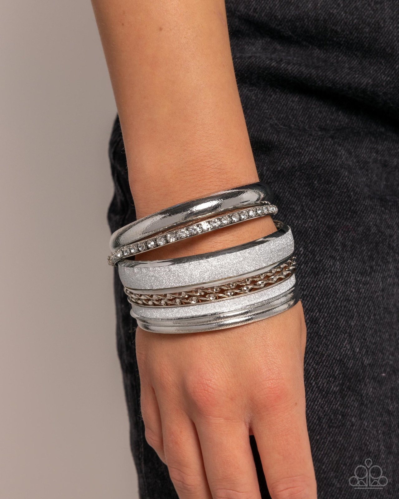 Textured Silver Bracelet Stack with Glitter Detail Textured Silver Bracelet Stack with Glitter Detail — Silver Jewelry Stack