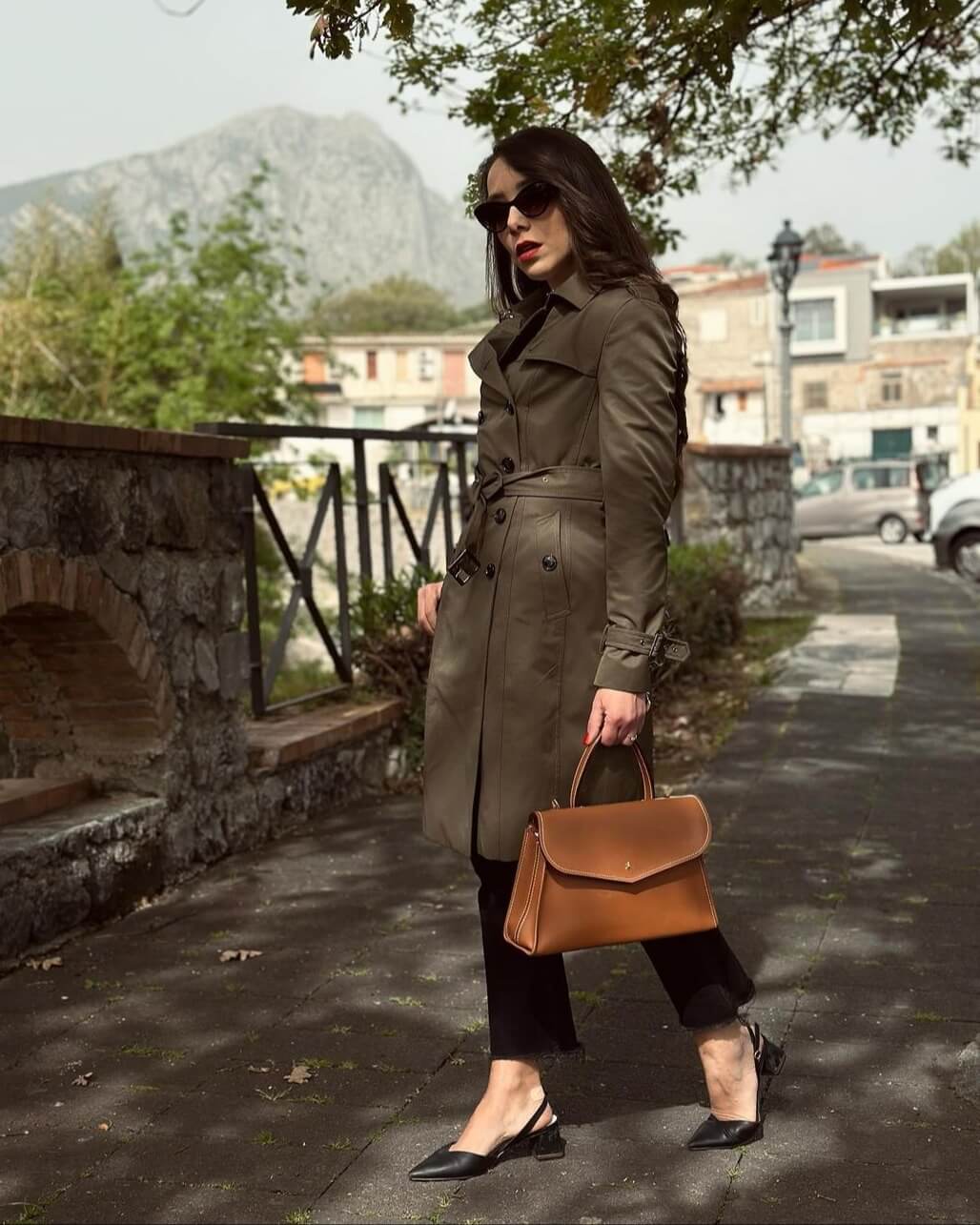 Olive Green Trench Coat with Black Trousers and Heels — Trench Coats
