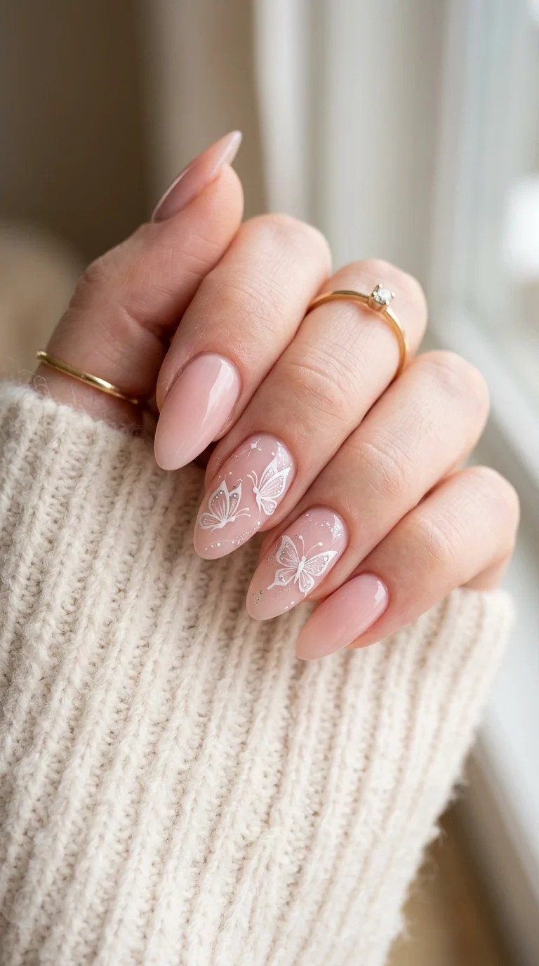 Delicate White Butterfly Outline Sheer Nude Delicate White Butterfly Outline Sheer Nude — Butterfly Nails