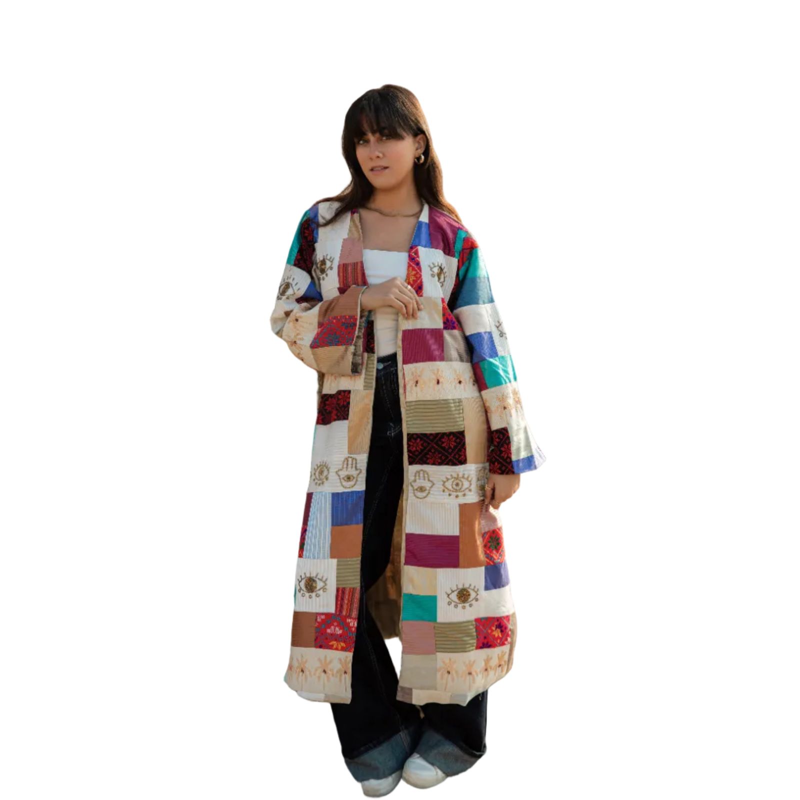 Patchwork Kimono Over White Top and Wide-Leg Jeans Patchwork Kimono Over White Top and Wide-Leg Jeans — Egypt Outfits