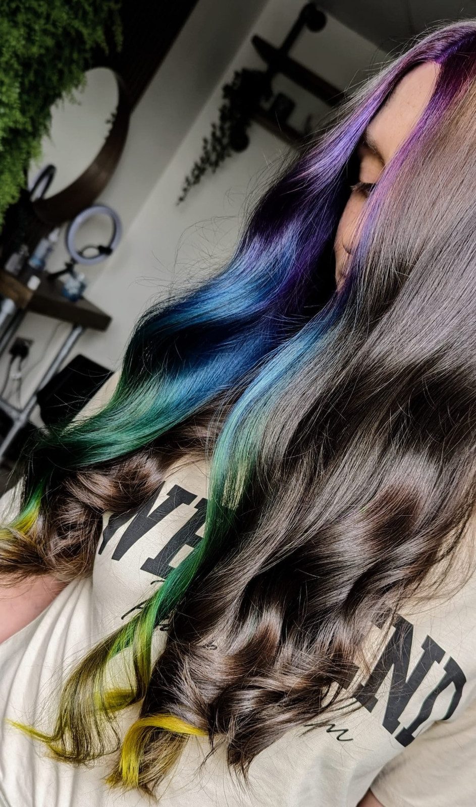 Mid-Back Wavy With Blue Green Purple Yellow Mid-Back Wavy With Blue Green Purple Yellow — Peacock Hair