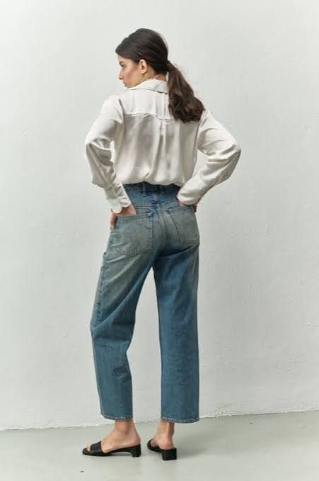 Two-Tone Denim with White Shirt and Black Slides Two-Tone Denim with White Shirt and Black Slides — Boyfriend Jeans