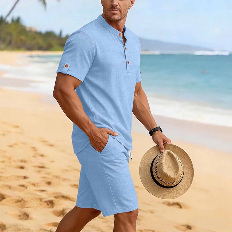 Light Blue Linen-Like Set on the Beach for Classic Vacation Style Light Blue Linen-Like Set on the Beach for Classic Vacation Style — Mens Vacation Outfits
