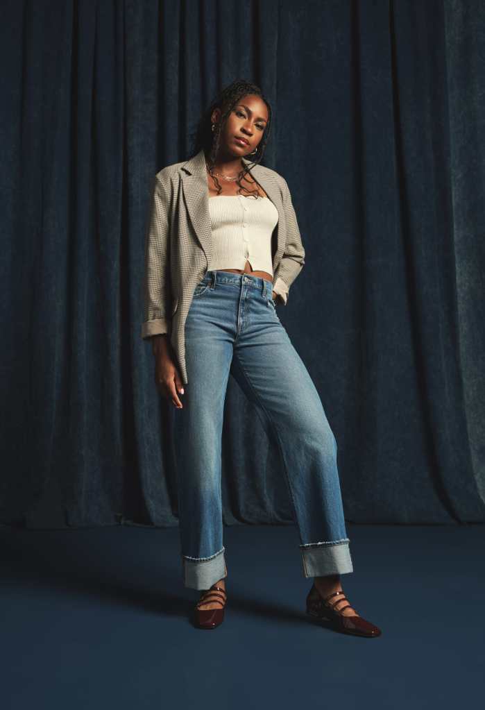 Smart Casual Blend: Light Blue Jeans with Checked Blazer — Straight Leg Jeans