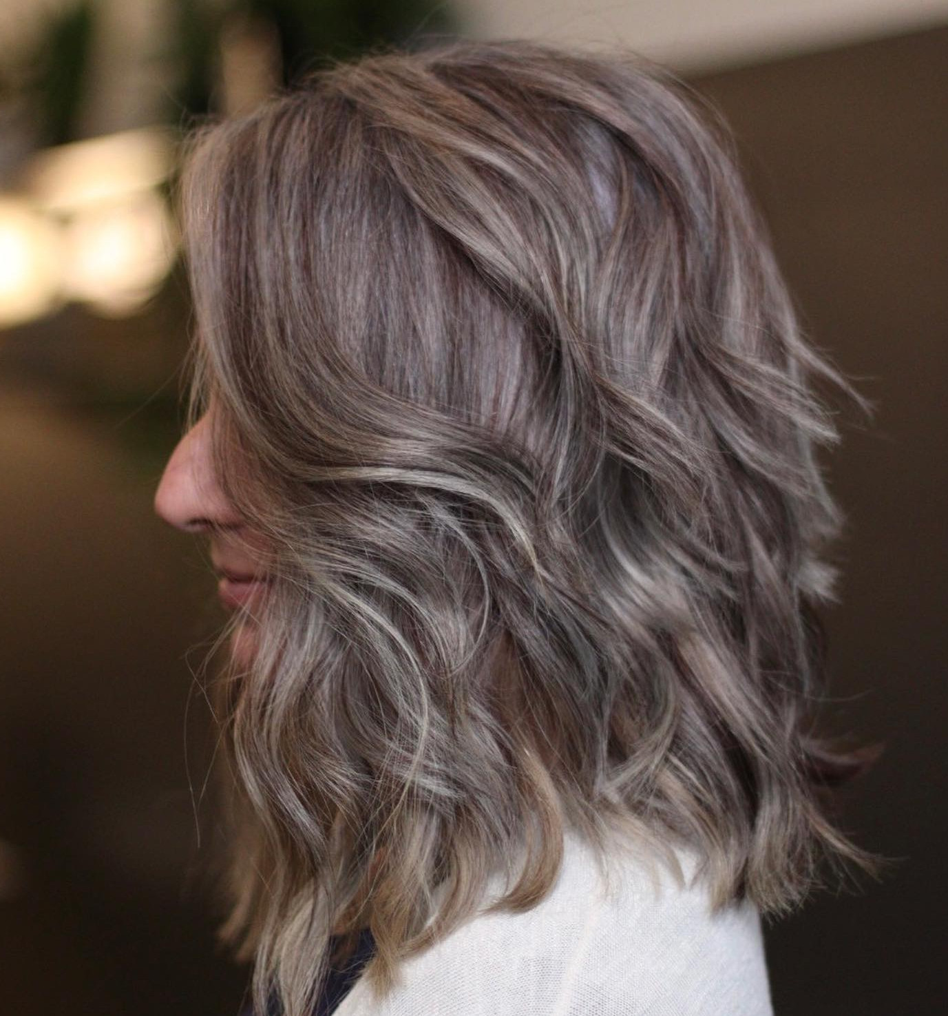 Layered Lob Gray Ash Blonde Blend — Gray Blending Over 50