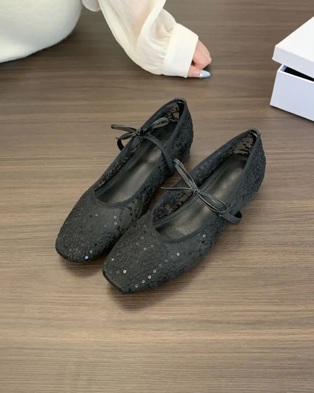 Black Sequined Mesh Flats with Ankle Straps and Bows Black Sequined Mesh Flats with Ankle Straps and Bows — Mesh Ballet Flats Outfits