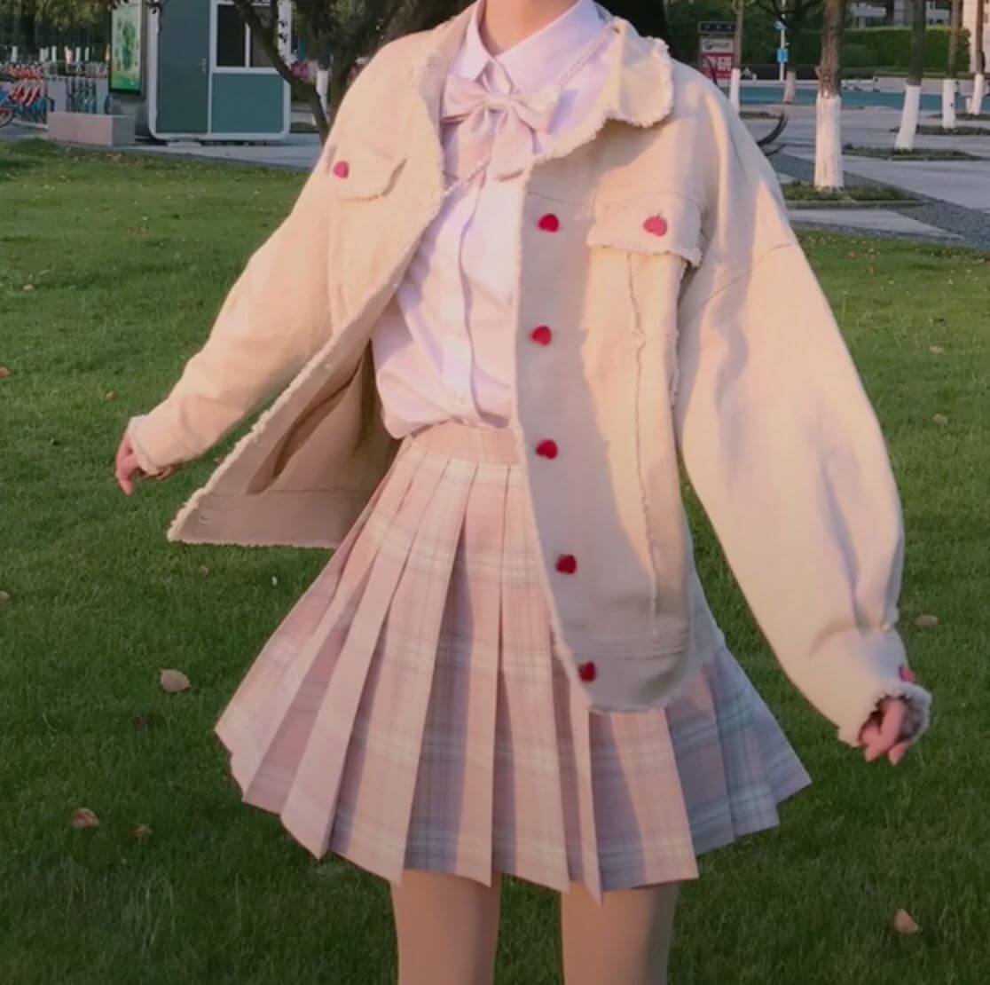 Beige Jacket with Heart Buttons and Pink Plaid Skirt Beige Jacket with Heart Buttons and Pink Plaid Skirt — Soft Girl Outfits