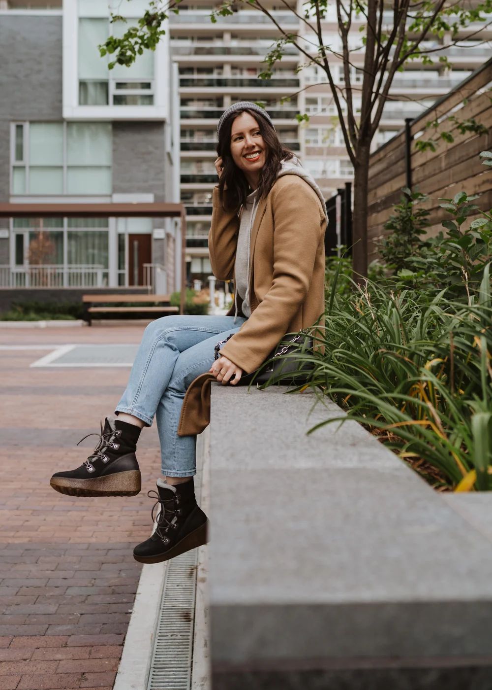 Camel Coat with Grey Hoodie and Wedge Boots Camel Coat with Grey Hoodie and Wedge Boots — Toronto Outfits