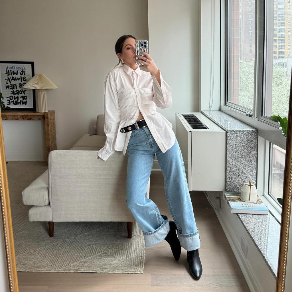 Cuffed Baggy Jeans with White Button-Up and Black Ankle Boots — Baggy Jeans Outfits