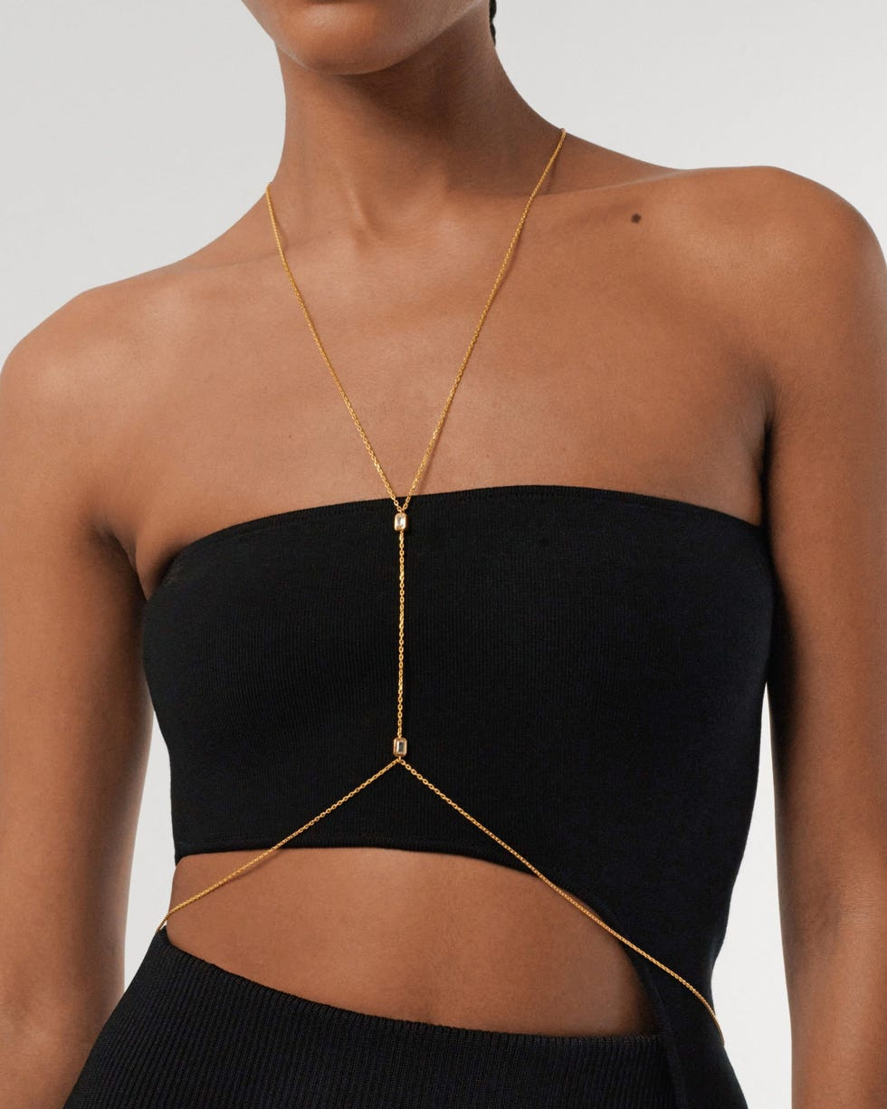 Elaborate Gold Body Chain on Black Ribbed Set Elaborate Gold Body Chain on Black Ribbed Set — Body Chain Outfits