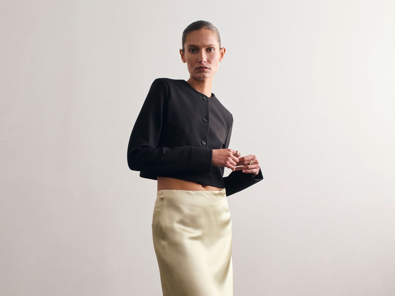 Champagne Satin Pencil Skirt with Cropped Jacket Champagne Satin Pencil Skirt with Cropped Jacket — Pencil Skirts
