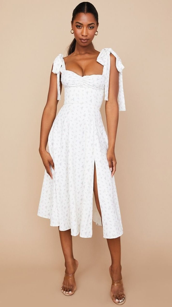 White Floral Print Midi Dress with Tie Shoulder Detail — Engagement Party Dresses