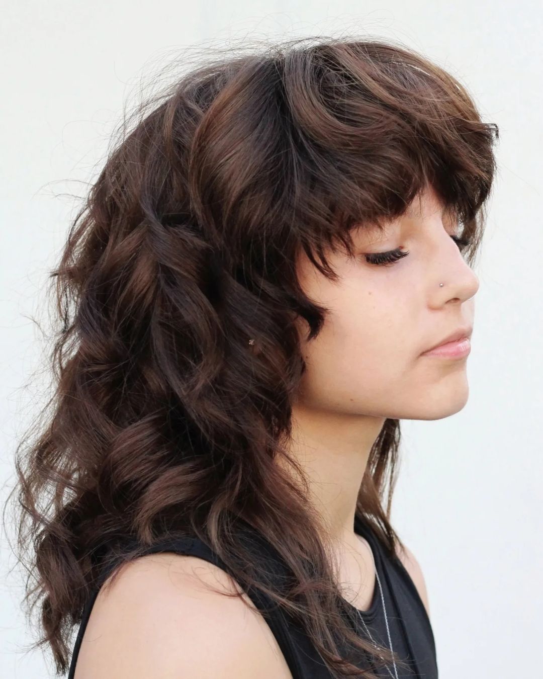 Shoulder Dark Brown with Wispy Bangs — Curly Wolf Cut