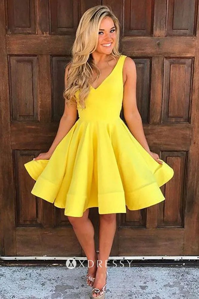 Vibrant Yellow Flounced Dress for Cocktail Occasions — Knee Length Dresses