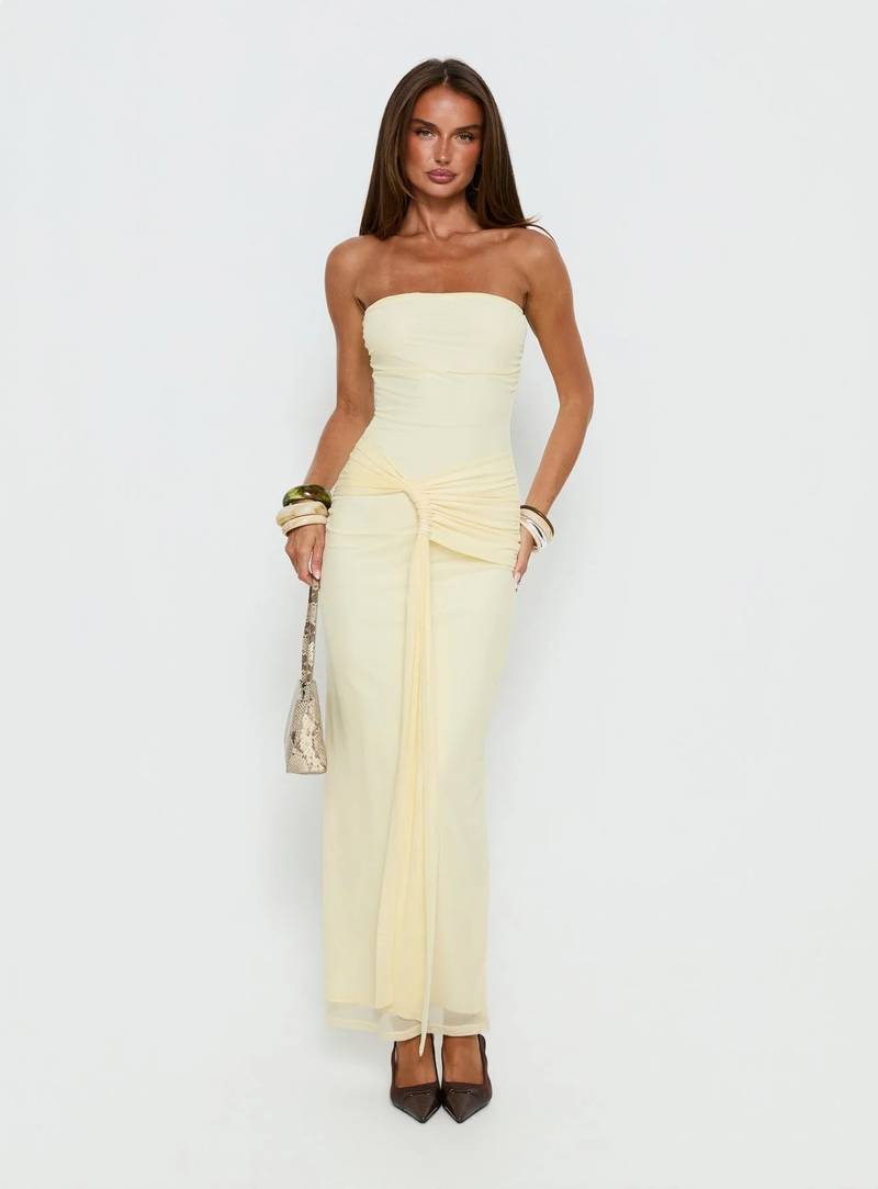 Elegant Pale Yellow Strapless Maxi Dress with Draped Bodice Elegant Pale Yellow Strapless Maxi Dress with Draped Bodice — Graduation Party Outfits