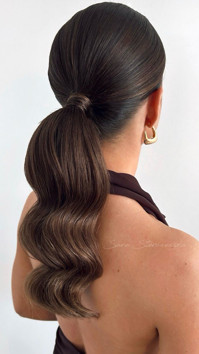 Medium Brown Hollywood Waves Ponytail — Sleek Low Ponytail