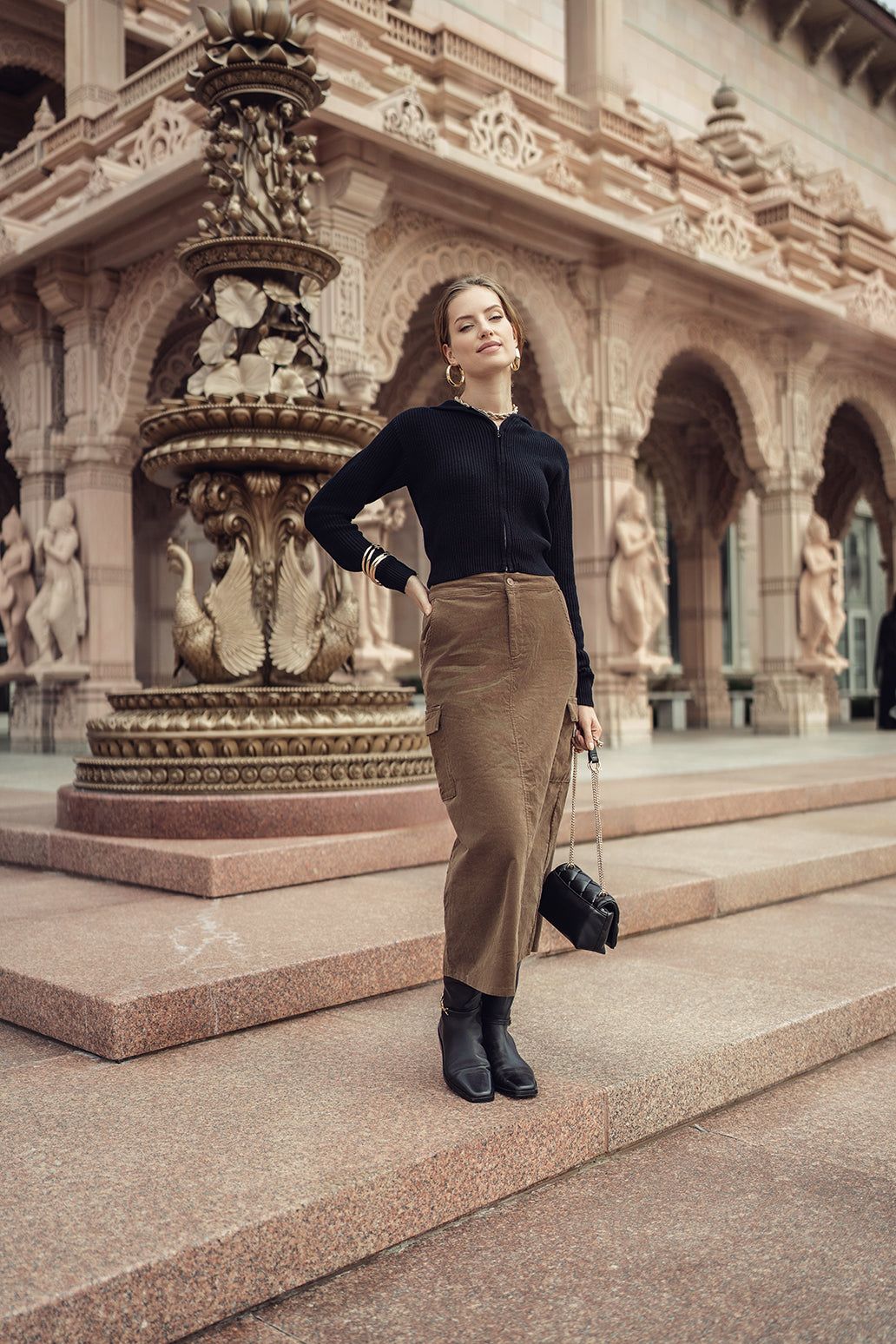Taupe Corduroy Cargo Midi Skirt with Zip-Up Top — Cargo Skirt Outfits