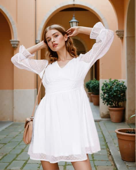 White Polka Dot Sleeve Mini Dress for Summer Days White Polka Dot Sleeve Mini Dress for Summer Days — Shein Outfits