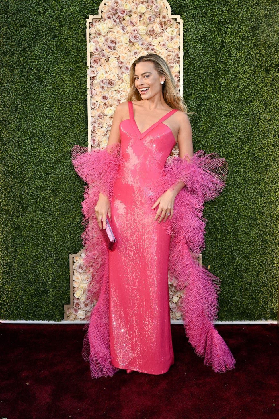 Sequined Pink Gown with Dramatic Boa — Barbiecore Outfits