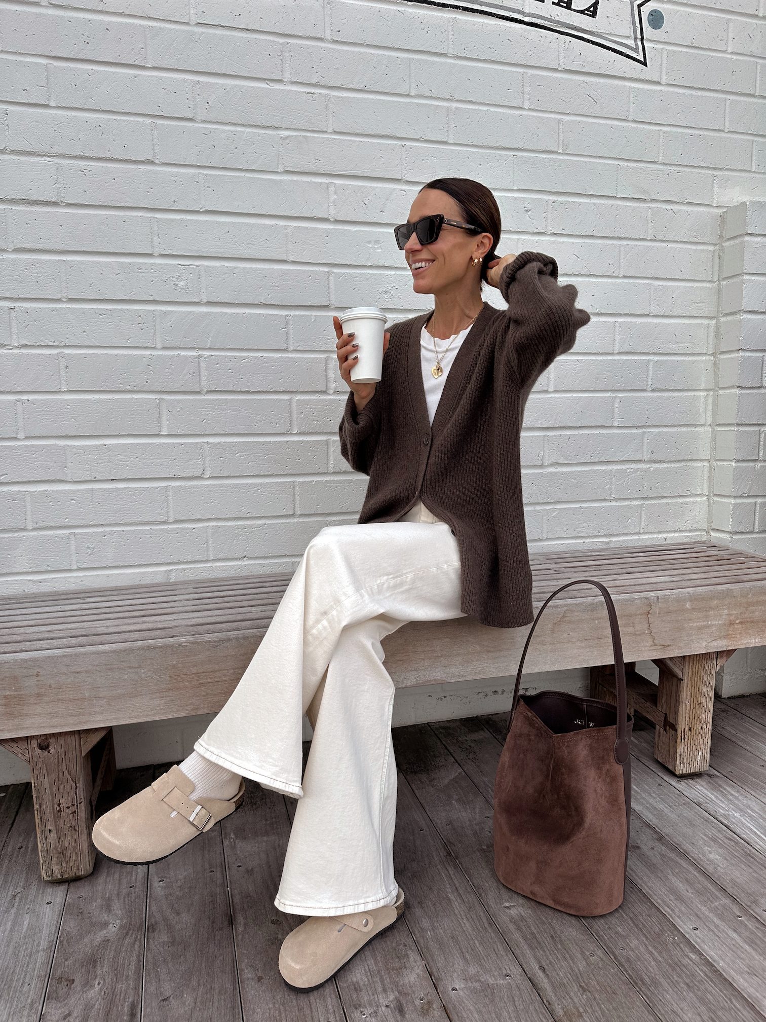 Monochromatic Beige Clogs with Cream Trousers and Cardigan — Clog Outfits