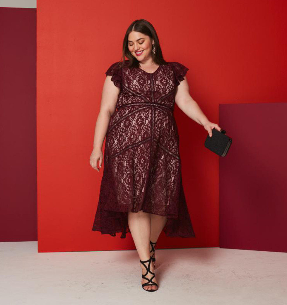 Burgundy Lace Fit-and-Flare Dress with Flutter Sleeves — Dresses for Big Bust