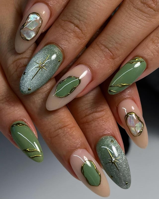 Sage Green and Gold Shell Almond Nails Sage Green and Gold Shell Almond Nails — Hard Gel Nails