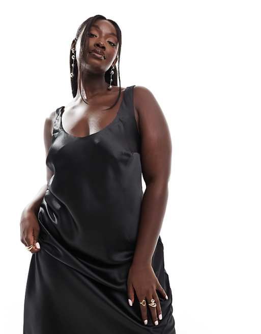 Black Satin Midi Slip Dress with Draping Detail — Satin Dress Outfits