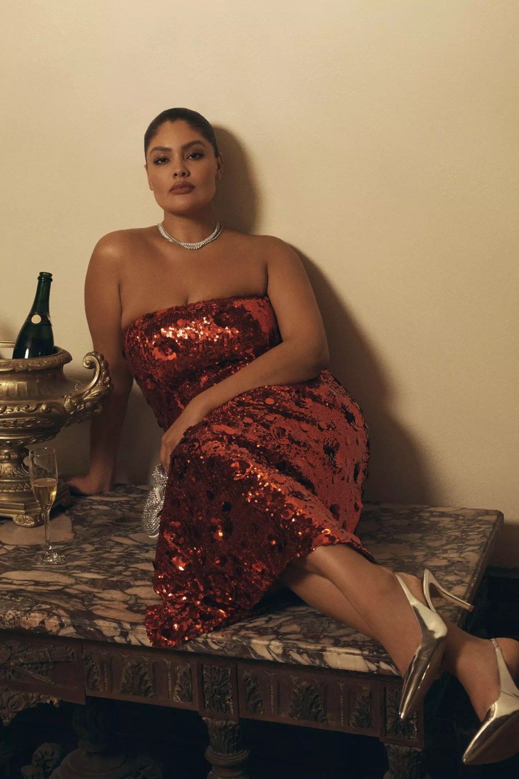 Elegant Red Sequin Midi Dress with White Heels Elegant Red Sequin Midi Dress with White Heels — Sequin Dress Outfits