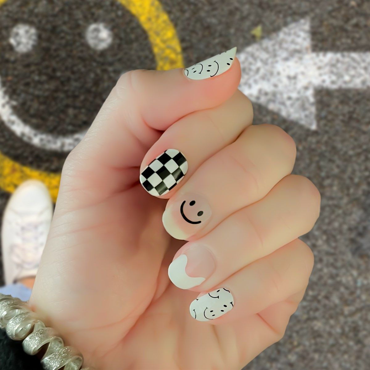 Black Smiley and Checkered Short Ovals — Smiley Face Nails