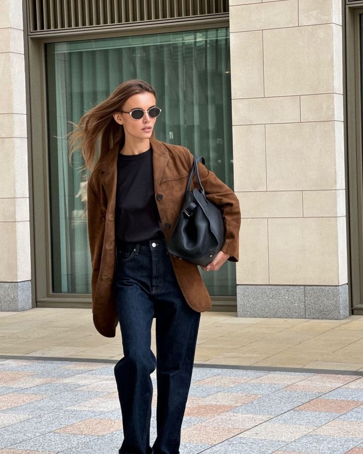 Stylish Brown Suede Blazer Over Black T-shirt and Jeans — Brown Outfits