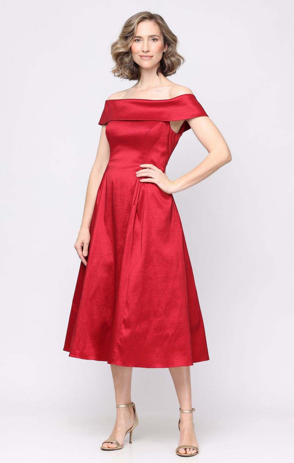 Red Off-the-Shoulder Satin Dress with Pleated Skirt Red Off-the-Shoulder Satin Dress with Pleated Skirt — Tea Length Dresses