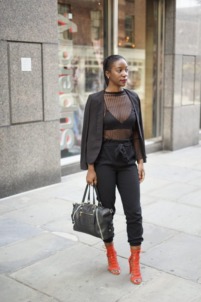 Chic Black Mesh Top with Red Heels — Mesh Top Outfits