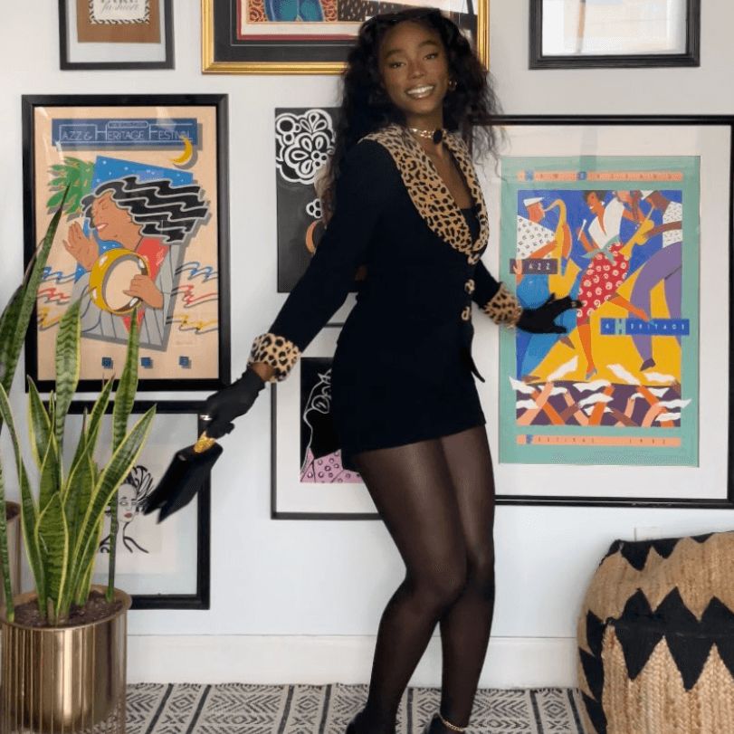 Glamorous Evening: Leopard Trim Mini Dress with Gloves Glamorous Evening: Leopard Trim Mini Dress with Gloves — Nanny Outfits