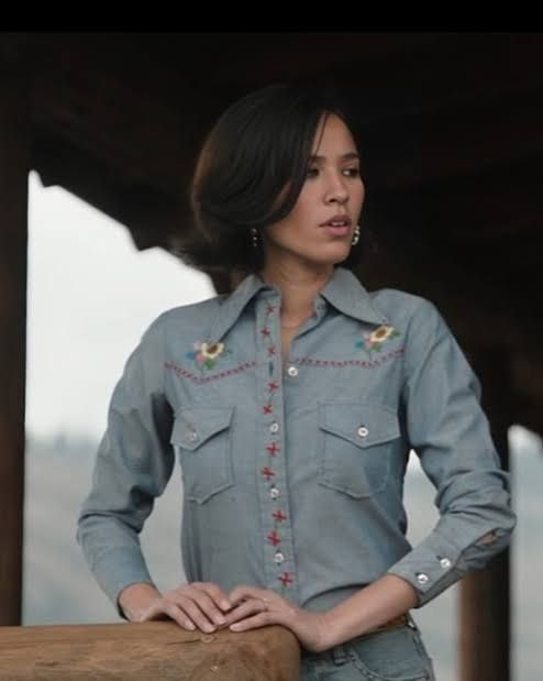 Embroidered Denim Shirt with Red Stitching for Subtle Western Detail Embroidered Denim Shirt with Red Stitching for Subtle Western Detail — Yellowstone Outfits