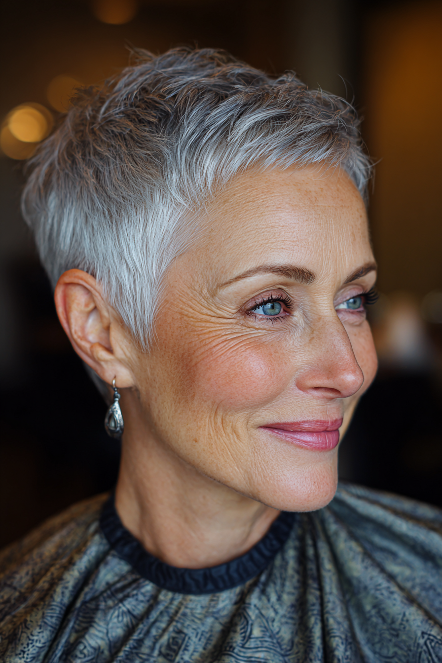 Salt and Pepper Pixie With Tousled Top Salt and Pepper Pixie With Tousled Top — Pixie Cut for Women Over 50