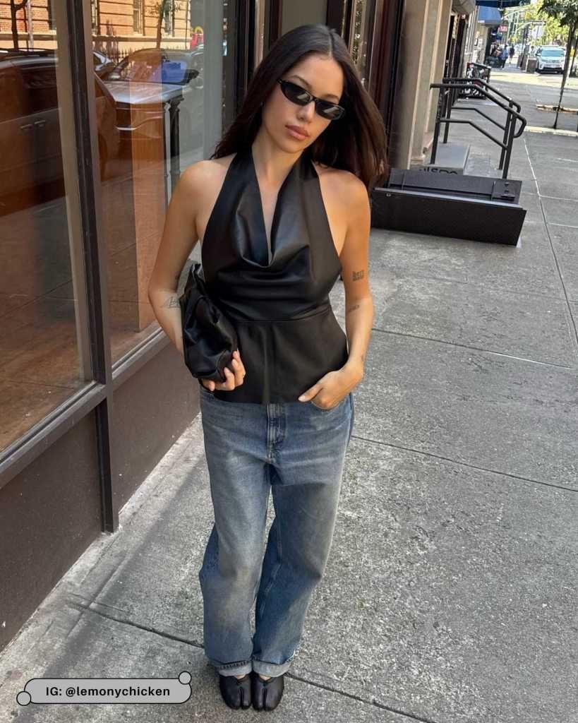 Edgy Black Faux Leather Halter Top with Distressed Denim Edgy Black Faux Leather Halter Top with Distressed Denim — Halter Top Outfits
