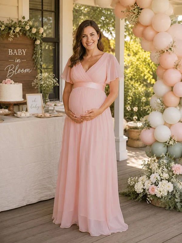 Blush Pink Chiffon Maxi Dress with Empire Waist and Flutter Sleeves for a Romantic Baby Shower Blush Pink Chiffon Maxi Dress with Empire Waist and Flutter Sleeves for a Romantic Baby Shower — Baby Shower Dresses